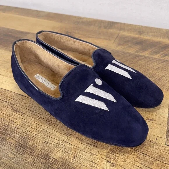 Sarah Flint x Wunderkind “W” Navy Blue Suede Slipper Flats Size EU 38 / US 7.5 - Picture 7 of 9